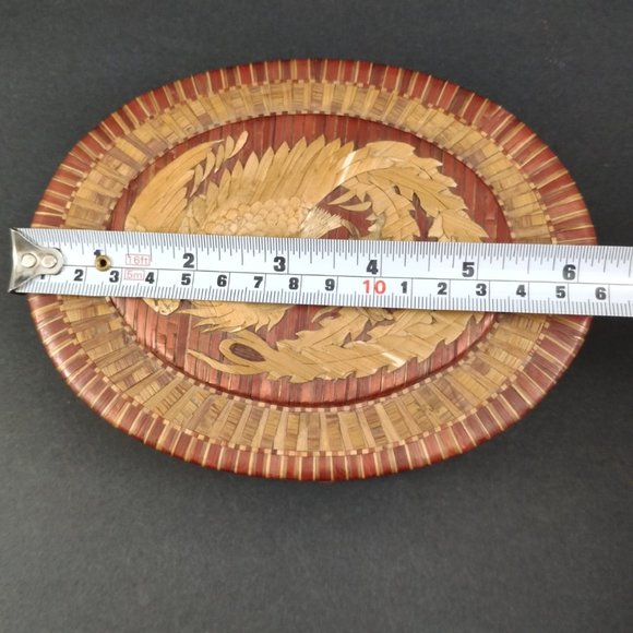Marquetry Phoenix Dragon Oval Trinket Jewelry Box Bamboo Veneer Overlay 6.25 - Picture 6 of 9